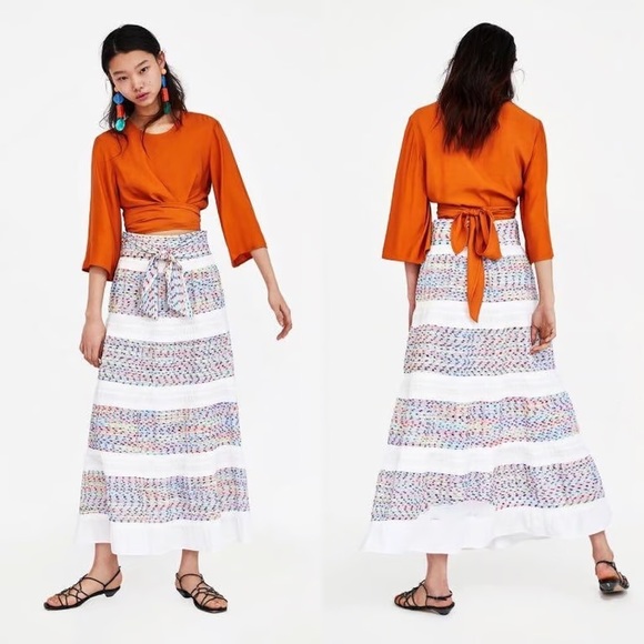 Zara Dresses & Skirts - Zara Tiered Embroidered White Rainbow Striped Maxi Skirt XS